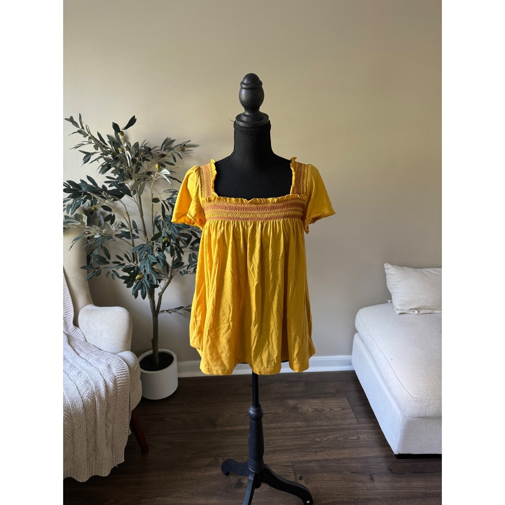 Xhilaration Mustard Yellow Smocked Empire Waist Babydoll Top Small Short Sleeve